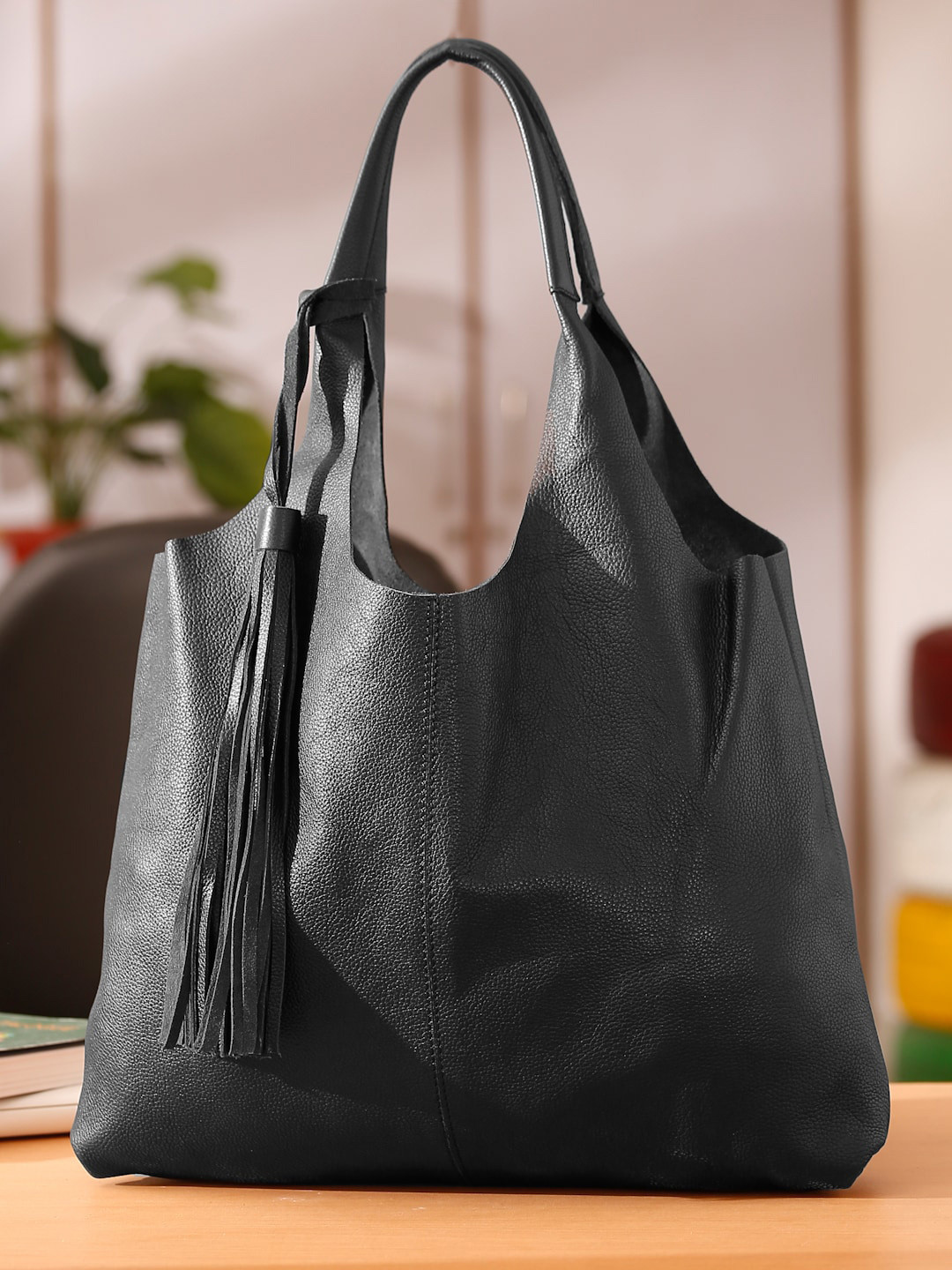 

Suvaska Black Leather Oversized Structured Shoulder Bag