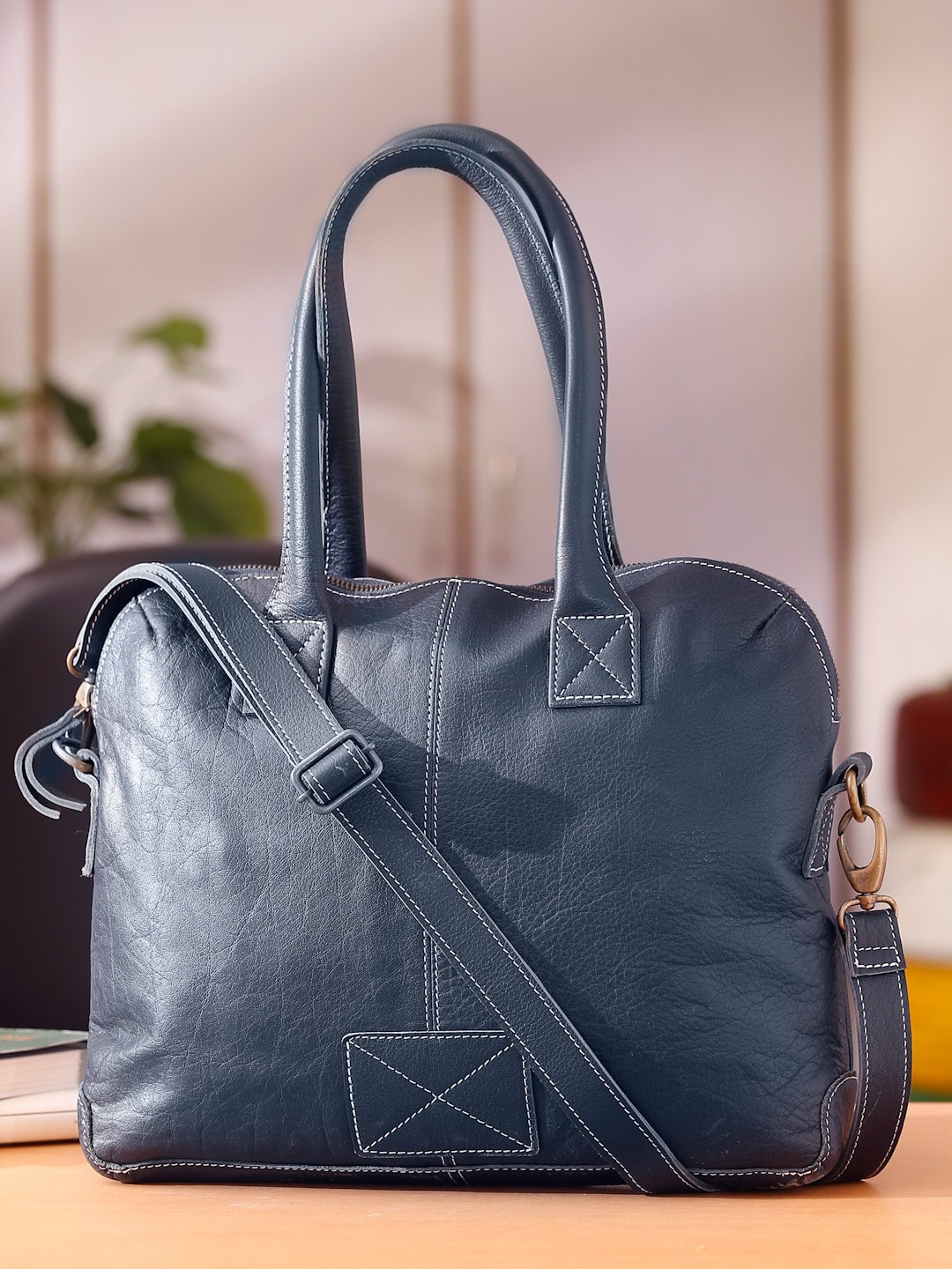 

Suvaska Blue Leather Oversized Structured Hobo Bag