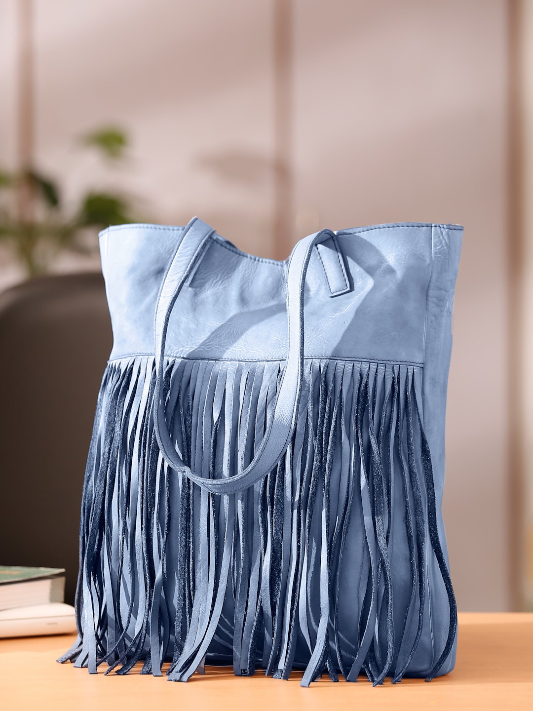 

Suvaska Blue Leather Structured Handheld Bag with Fringed