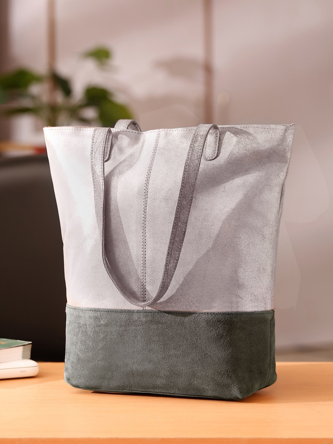 

Suvaska Grey Suede Oversized Structured Handheld Bag