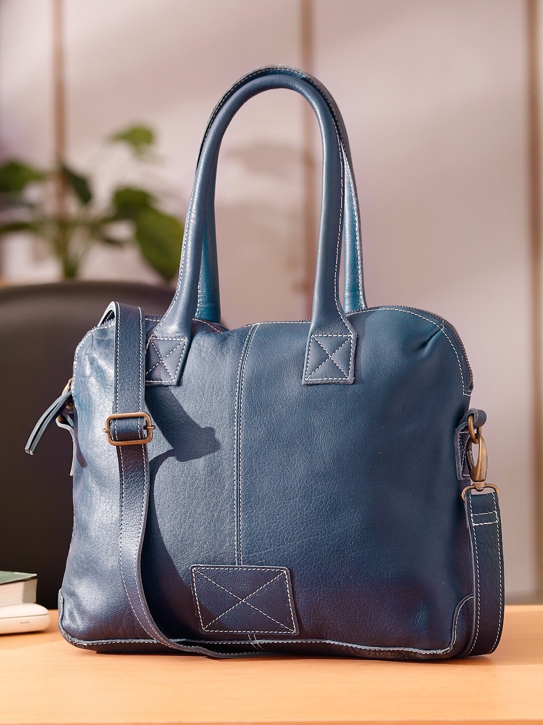 

Suvaska Navy Blue Leather Oversized Structured Shoulder Bag with Tasselled