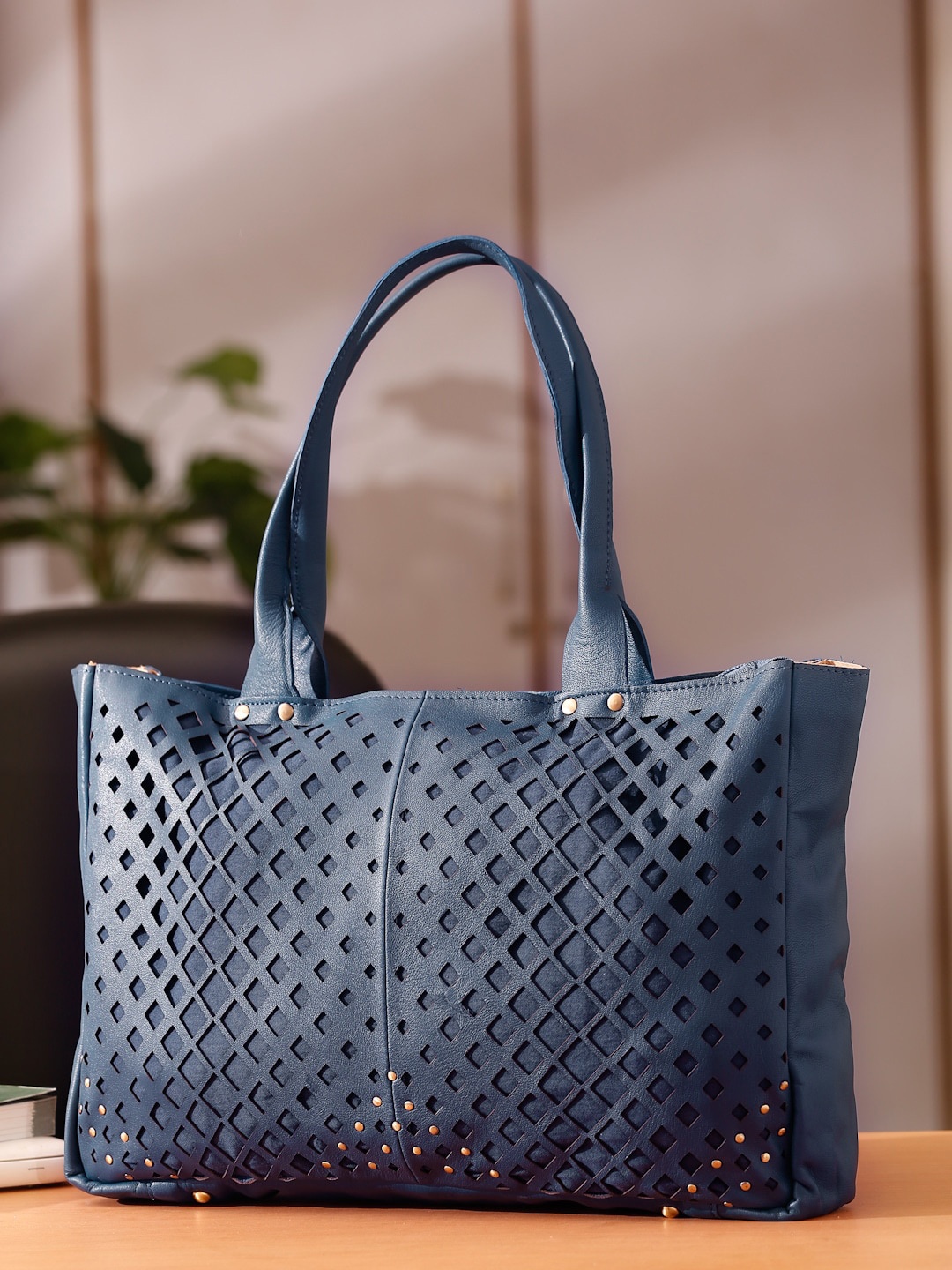 

Suvaska Blue Textured Leather Oversized Bucket Shoulder Bag with Cut Work