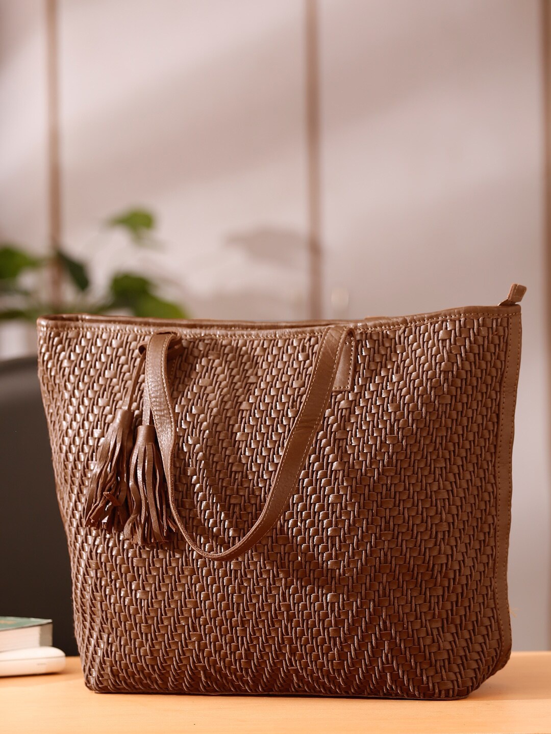 

Suvaska Brown Textured Leather Oversized Bucket Shoulder Bag