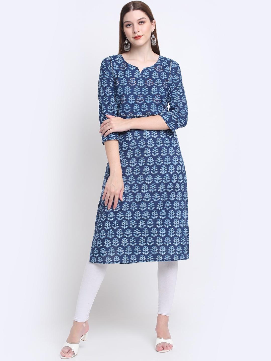 

KALINI Geometric Printed Straight Regular Pure Cotton Kurta, Navy blue