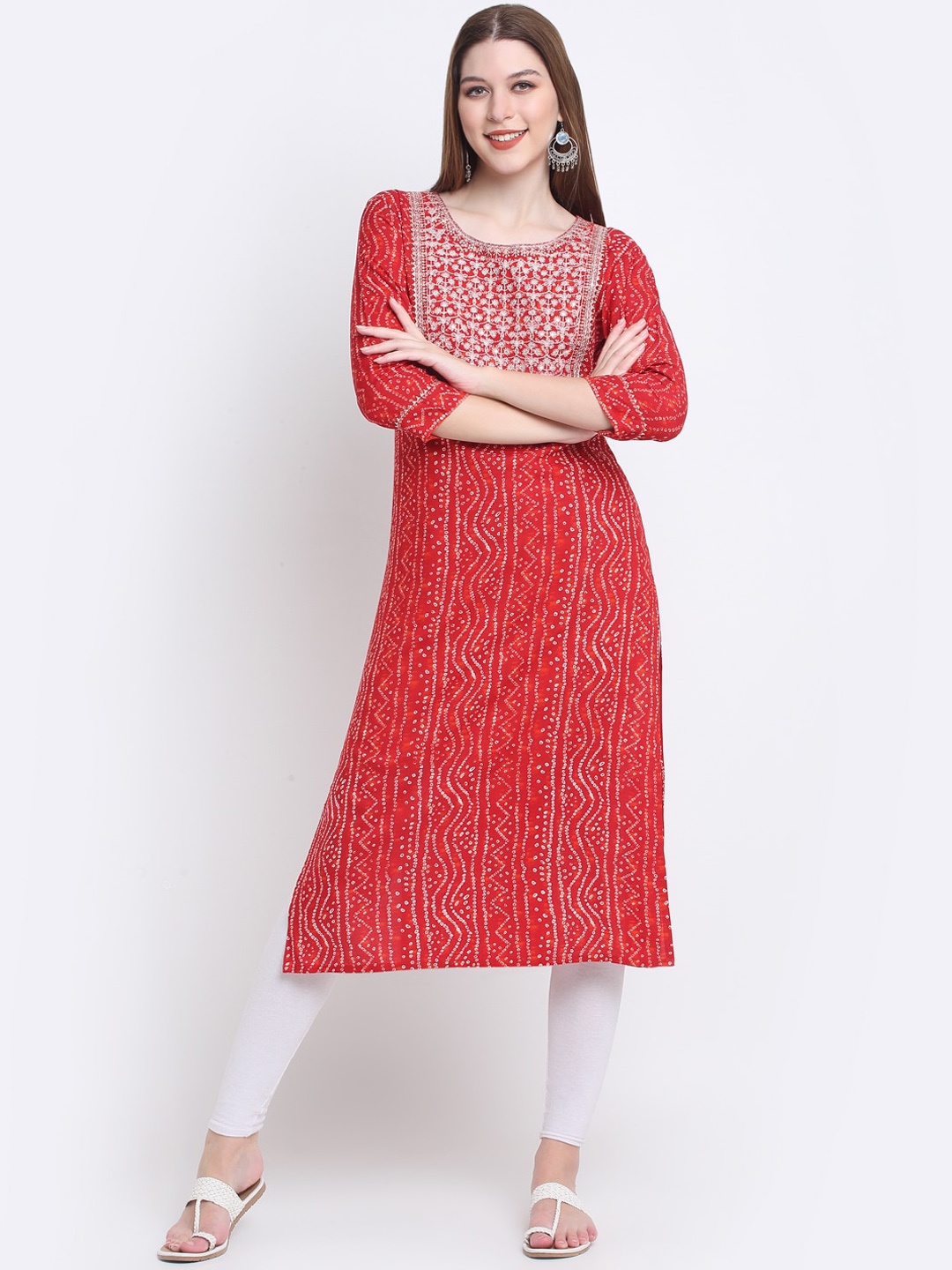 

KALINI Bandhani Embroidered Straight Regular Kurta, Red