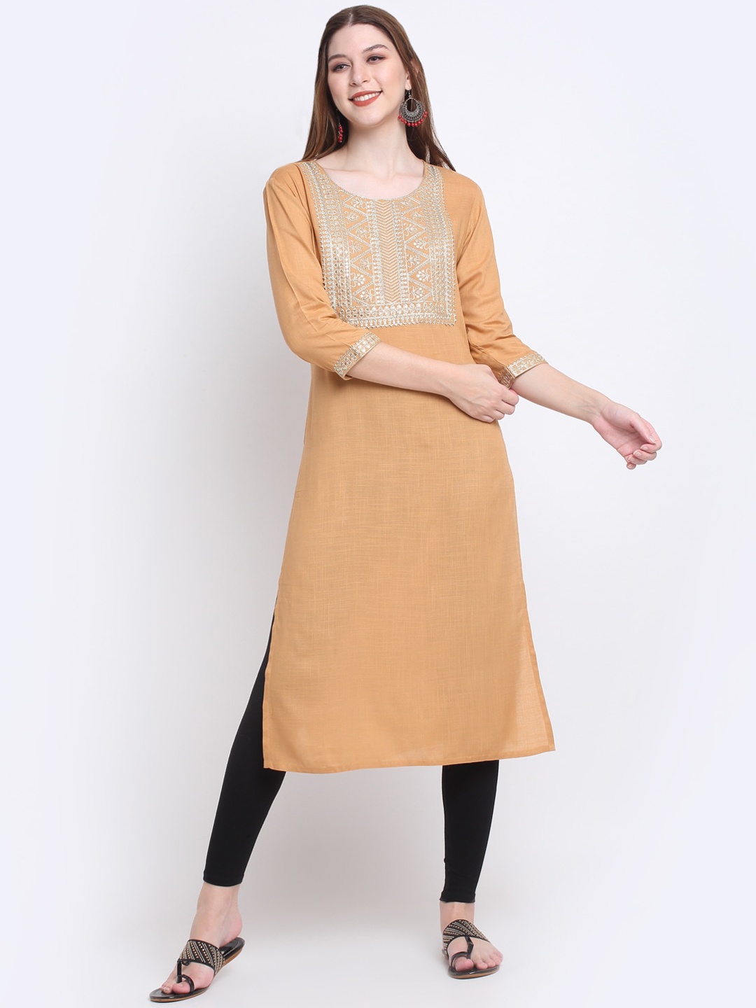 

KALINI Ethnic Motifs Embroidered Straight Kurta, Brown
