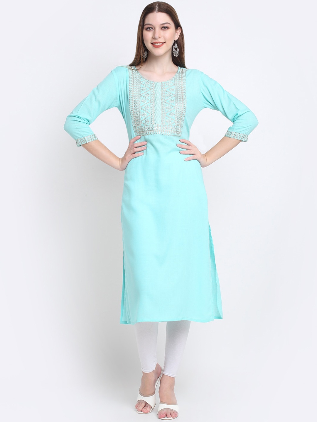 

KALINI Ethnic Motifs Embroidered Straight Kurta, Turquoise blue