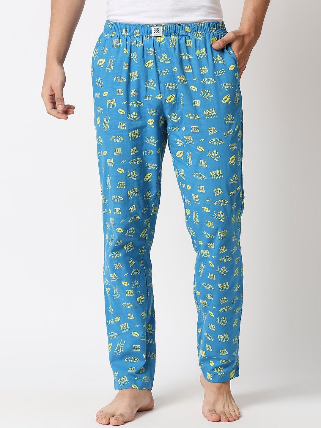 

Manaca Men Blue Printed Cotton Lounge Pants, Turquoise blue