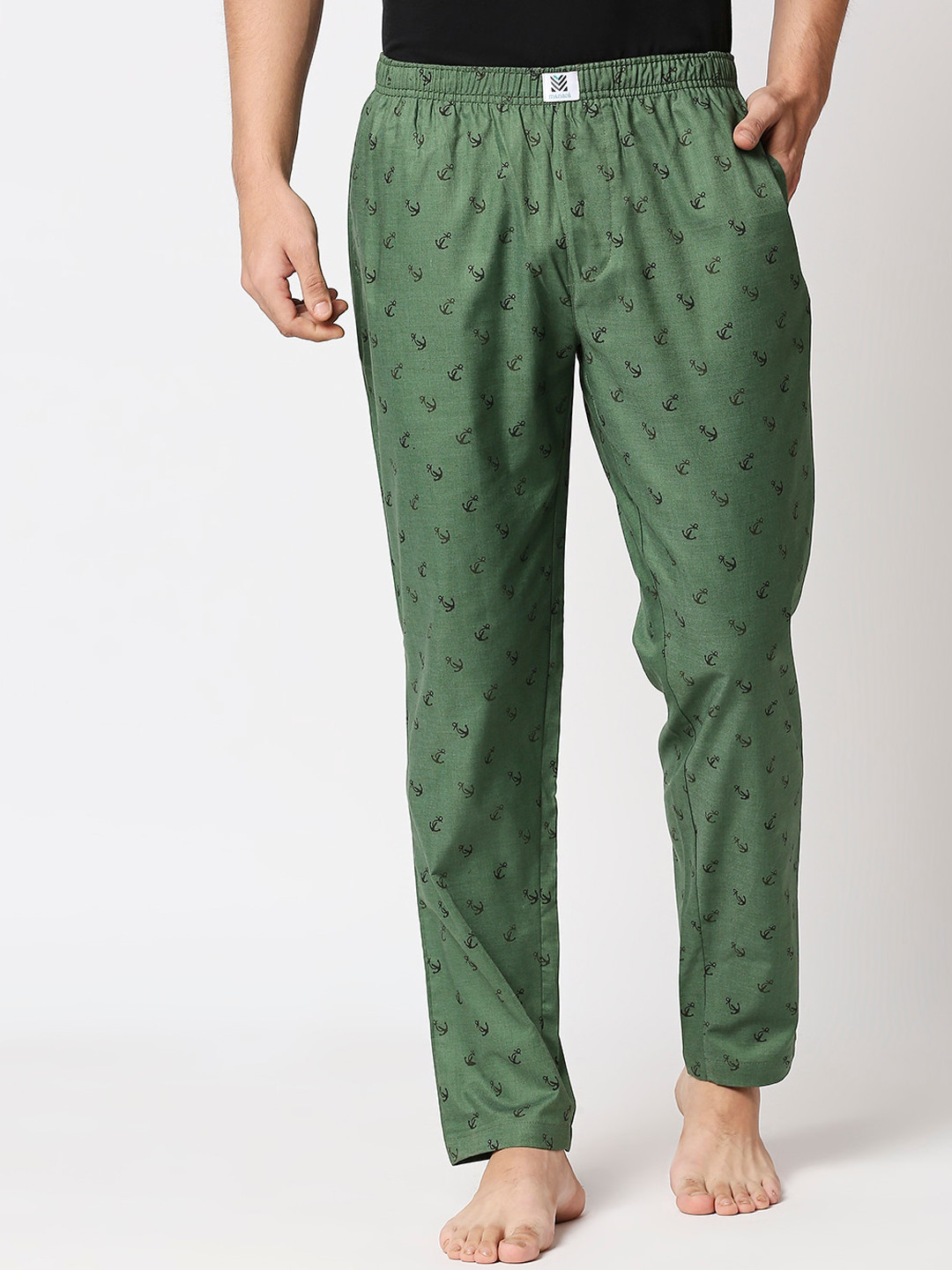 

Manaca Men Olive Printed Cotton Lounge Pants