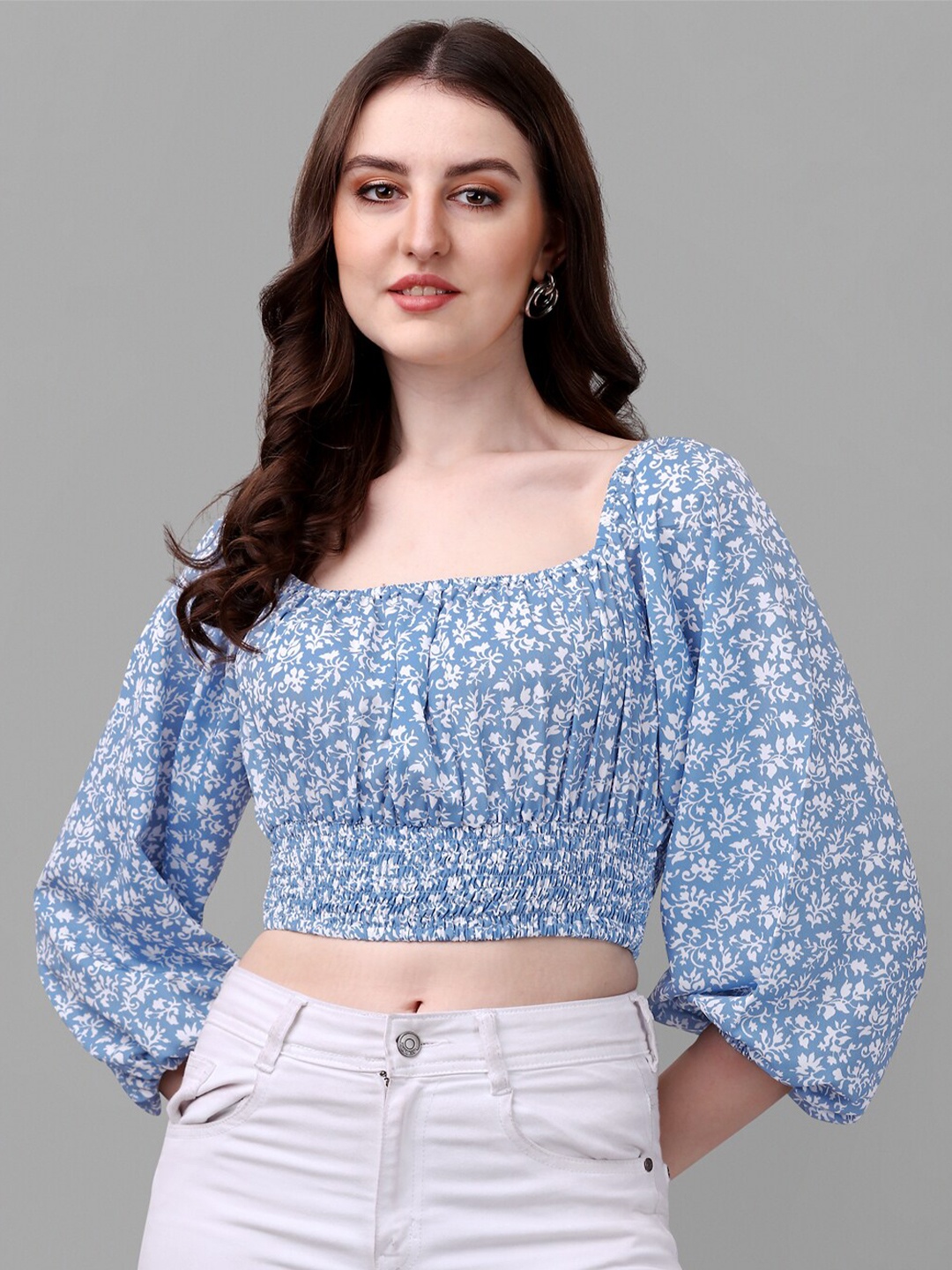 

Masakali Co Blue Floral Print Crepe Blouson Crop Top