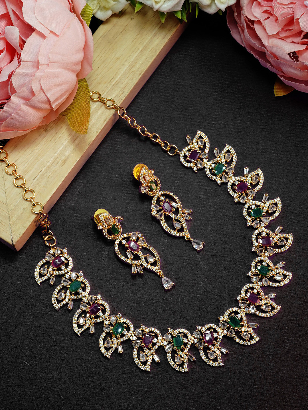 

GRIIHAM Gold-Plated White & Green AD Studded Jewellery Set