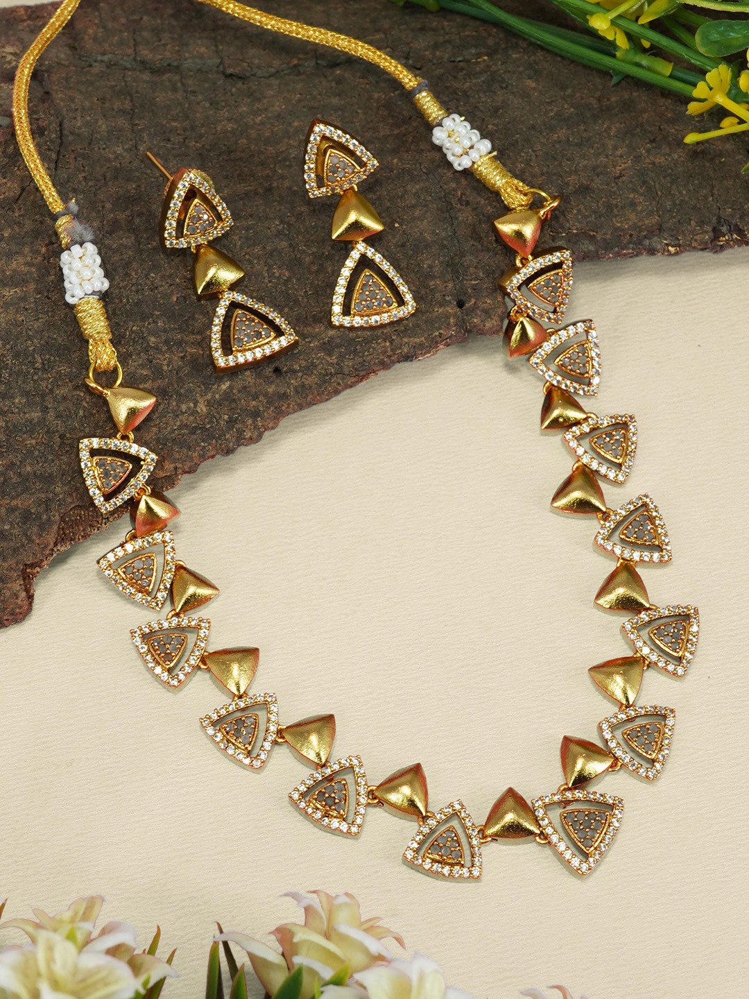 

GRIIHAM Gold-Plated Red & White CZ-Studded & Beaded Jewellery Set