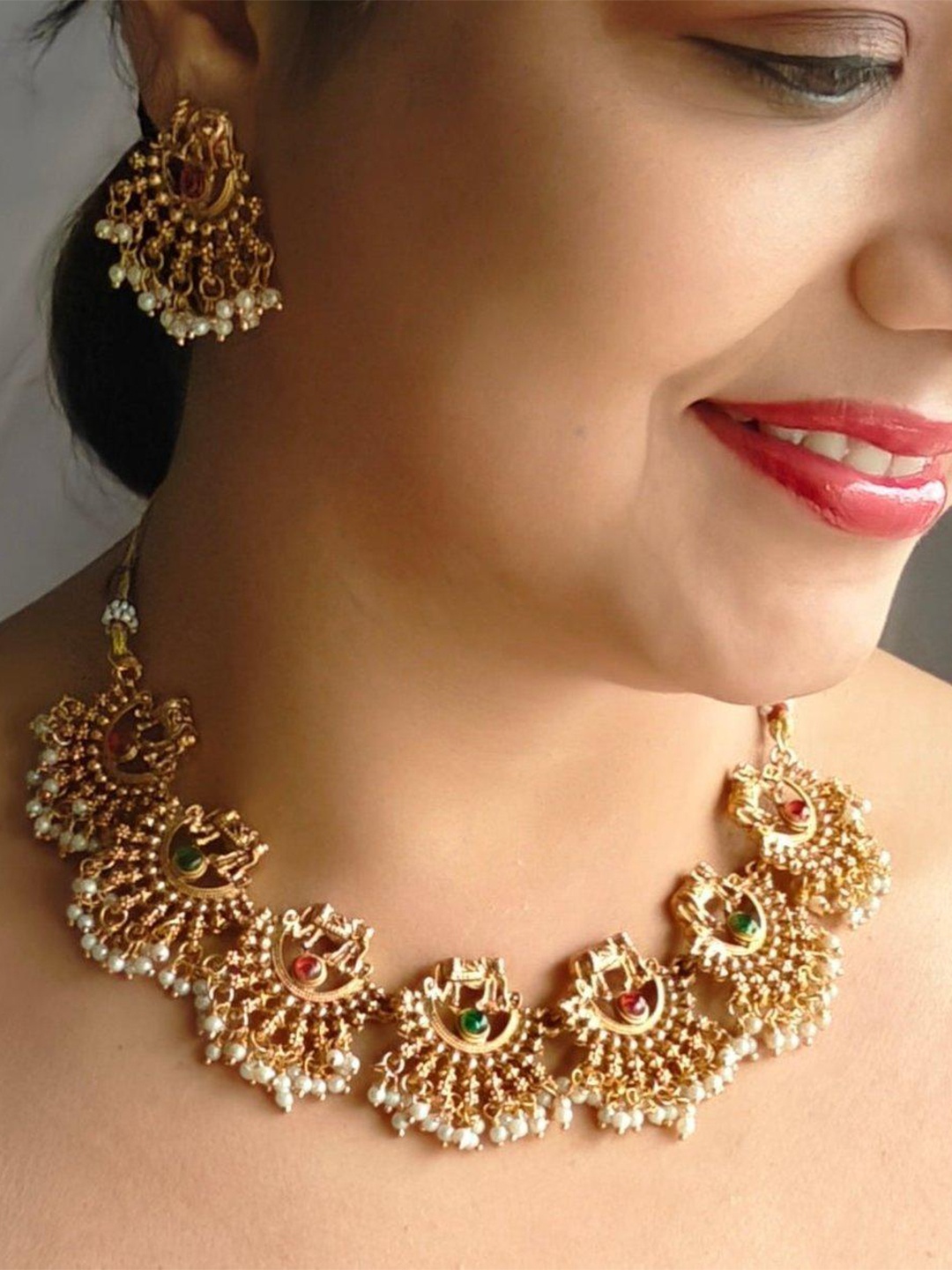 

GRIIHAM Gold-Plated Pink & Green AD-Studded Jewellery Set