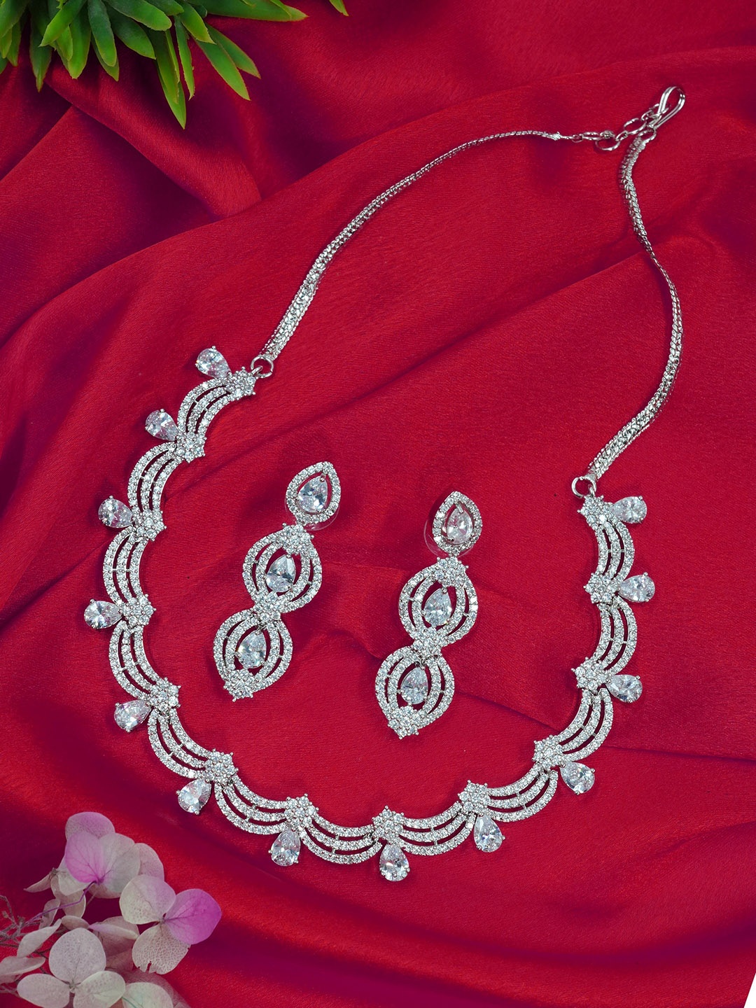 

GRIIHAM White Gold-Plated White CZ Stone-Studded Jewellery Set