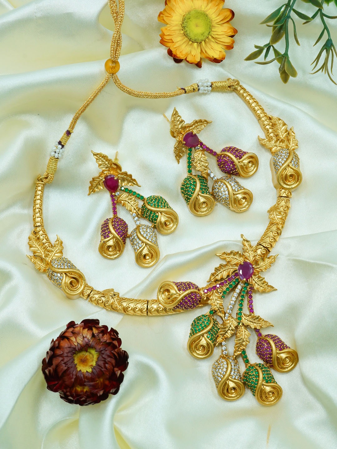 

GRIIHAM Gold-Plated White & Purple AD Studded Jewellery Set