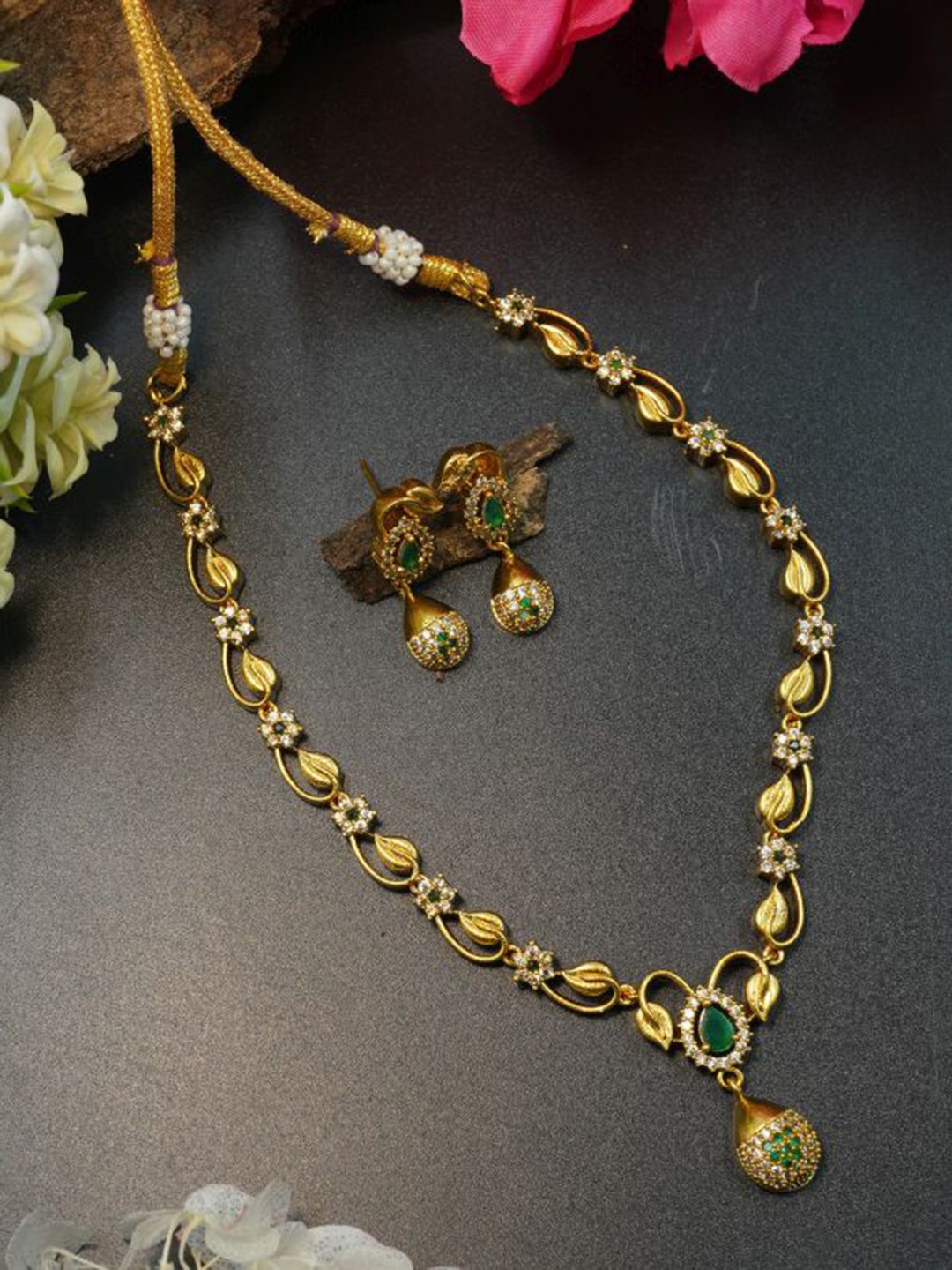 

GRIIHAM Gold-Plated Green Cubic Zirconia Stone Studded Jewellery Set