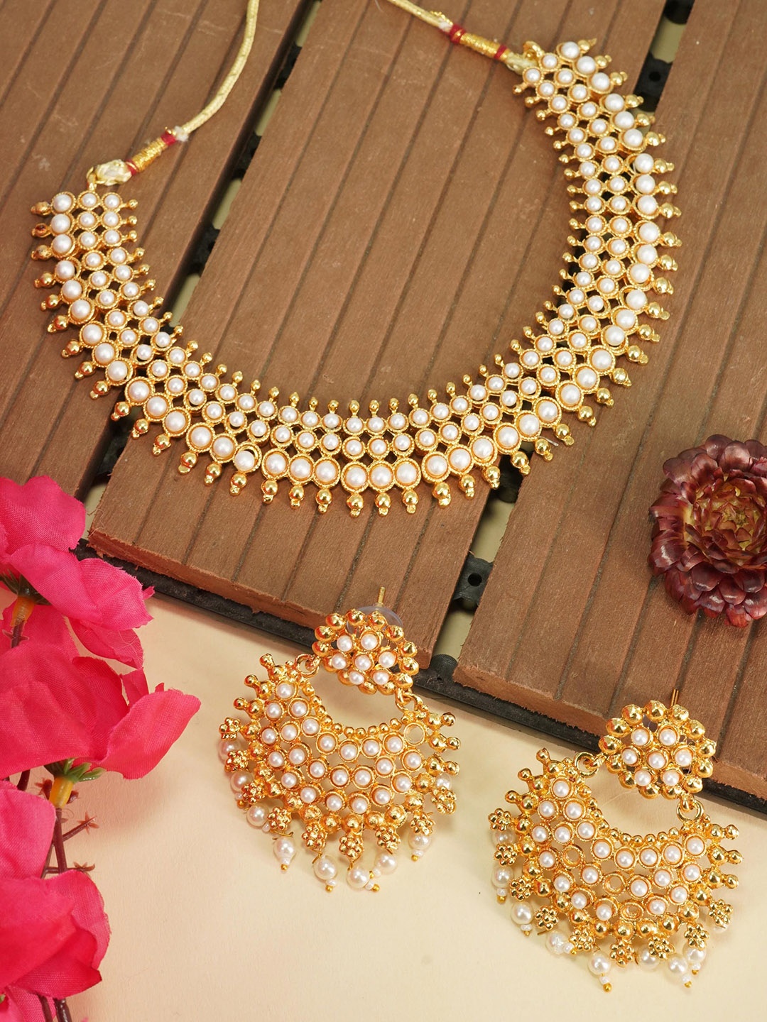 

GRIIHAM Gold-Plated White AD Studded & Beaded Jewellery Set