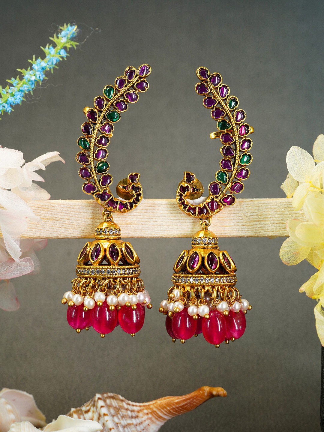 

GRIIHAM Gold-Plated & Purple AD Studded Classic Jhumkas Earrings
