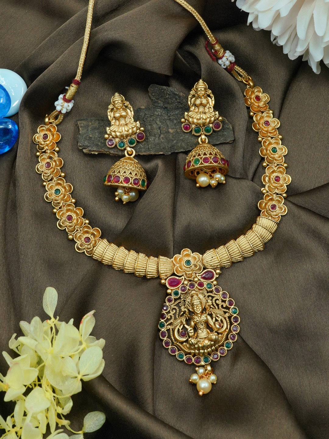 

GRIIHAM Gold-Plated Green & Red AD studded & Pearls Beaded Jewellery Set
