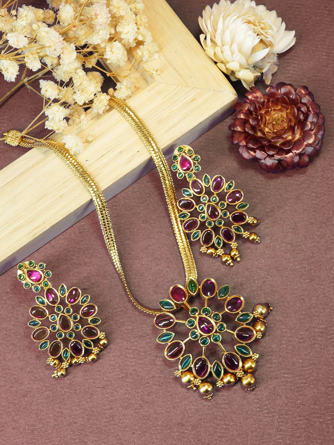

GRIIHAM Gold-Plated & Green & Violet AD Stone-Studded Jewellery Set