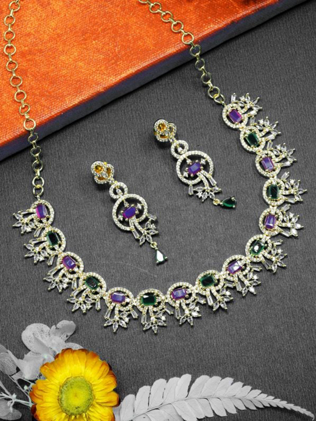

GRIIHAM Gold-Plated Purple & Green AD Stone-Studded Jewellery Set