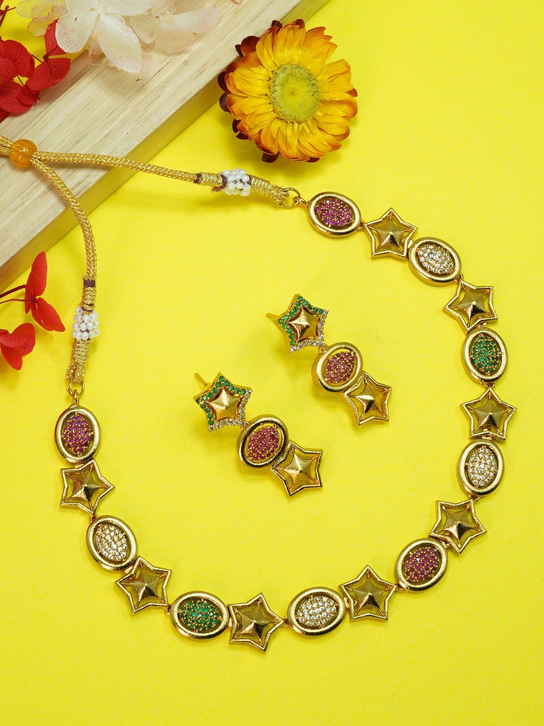 

GRIIHAM Gold Plated Green & Pink American Diamond Studded Jewellery Set