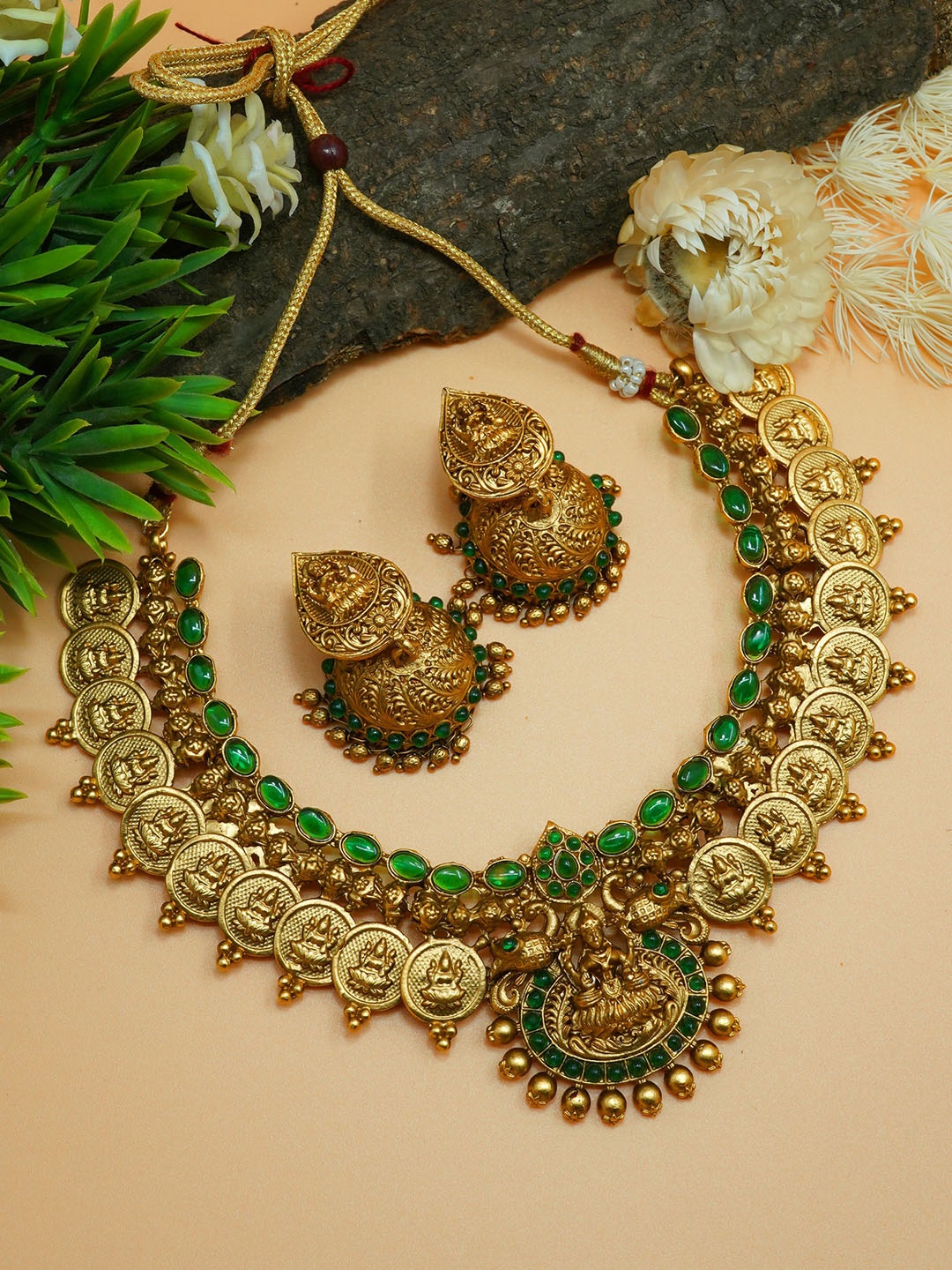

GRIIHAM Gold-Plated Green AD Studded Jewellery Set