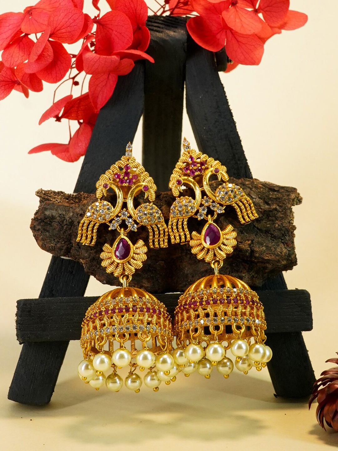 

GRIIHAM Gold-Plated & Red AD Studded Classic Jhumkas Earrings