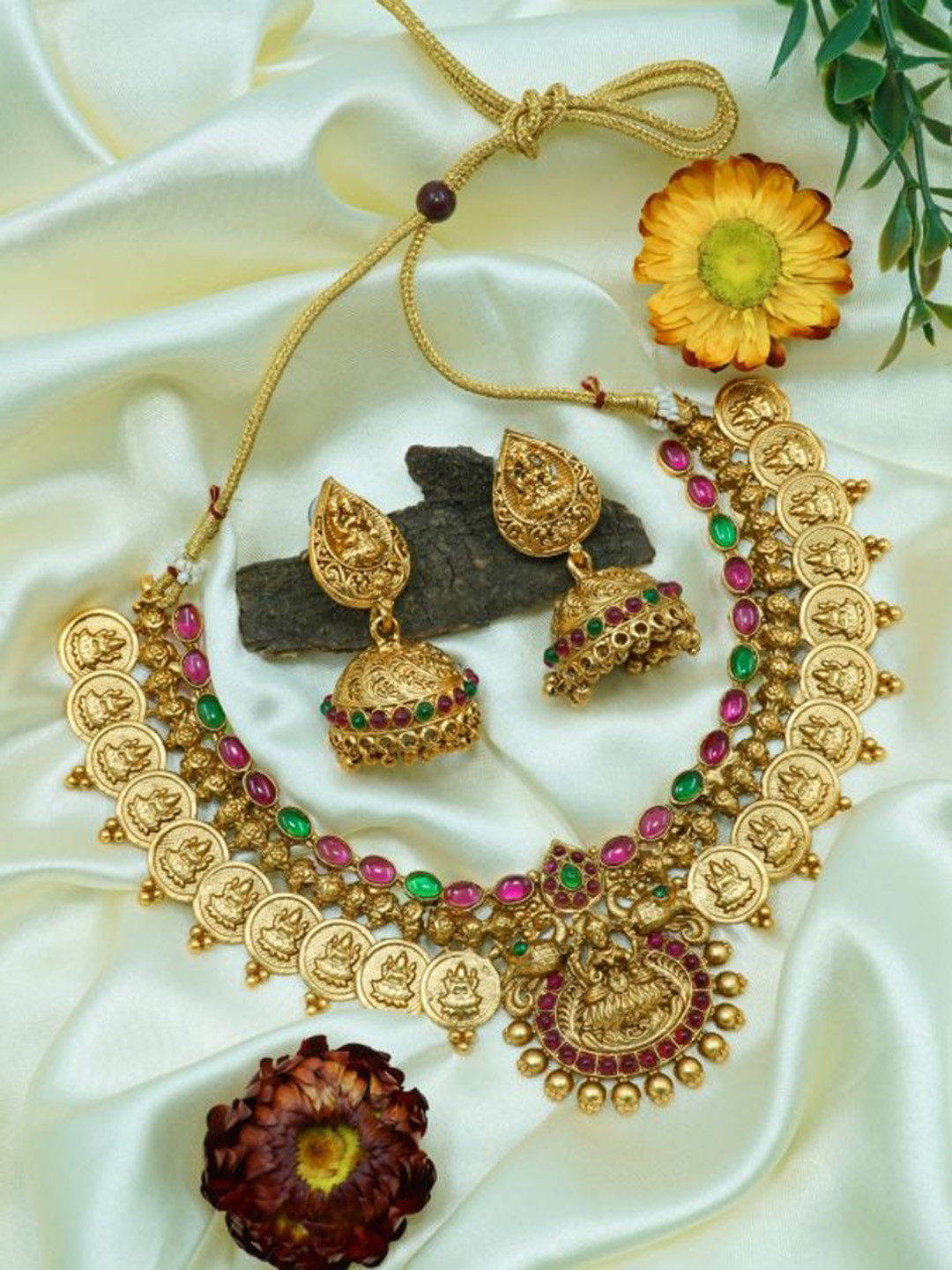 

GRIIHAM Gold-Plated Pink & Green AD-Studded Jewellery Set