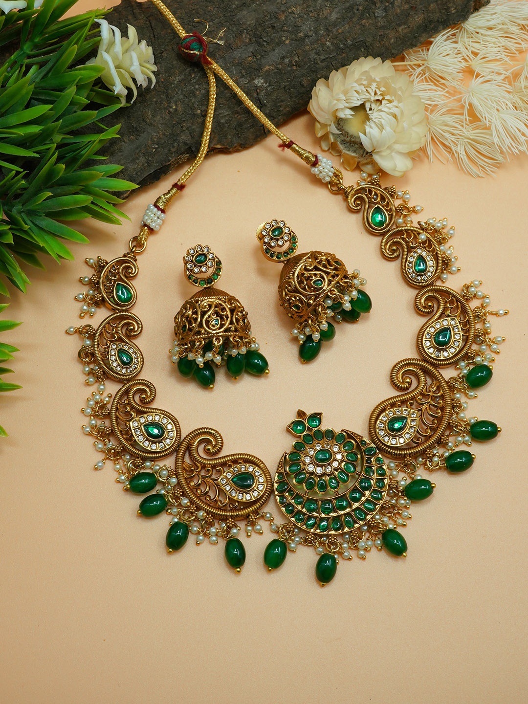

GRIIHAM Gold-Plated Green AD Stones Studded Jewellery Set