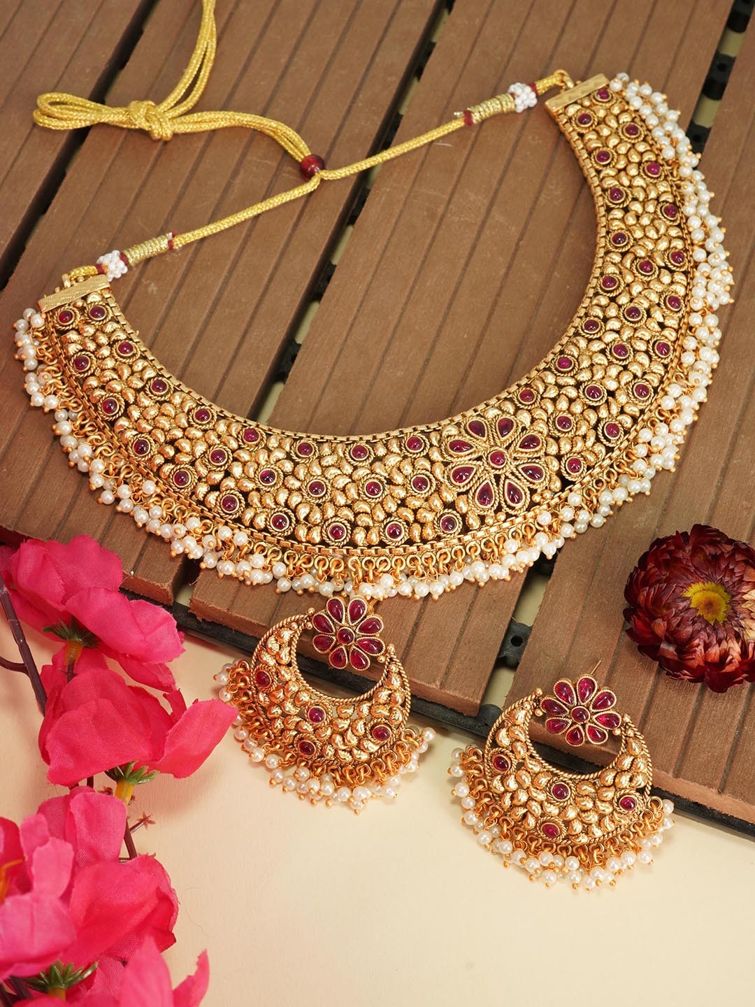 

GRIIHAM Gold-Plated White & Red AD-Studded & Pearl Beaded Jewellery Set