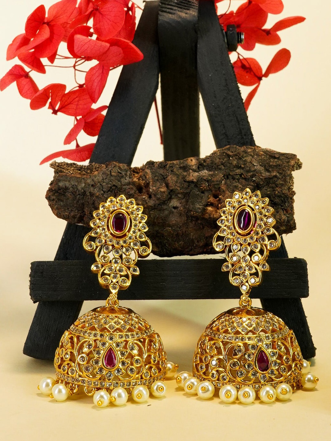 

GRIIHAM Gold-Plated & Red AD Studded Classic Jhumkas Earrings