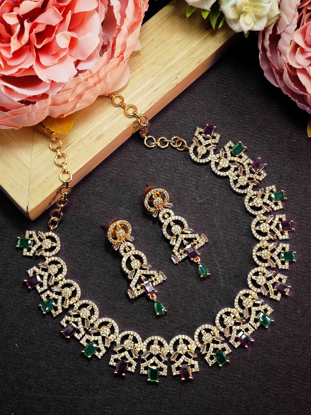 

GRIIHAM 23.5kt Gold-Plated White & Green AD-Studded Jewellery Set