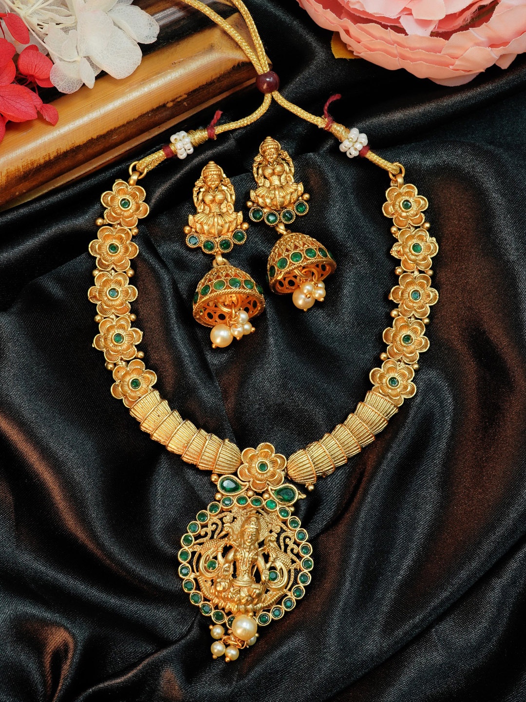 

GRIIHAM Gold-Plated & Green AD-Studded Jewellery Set