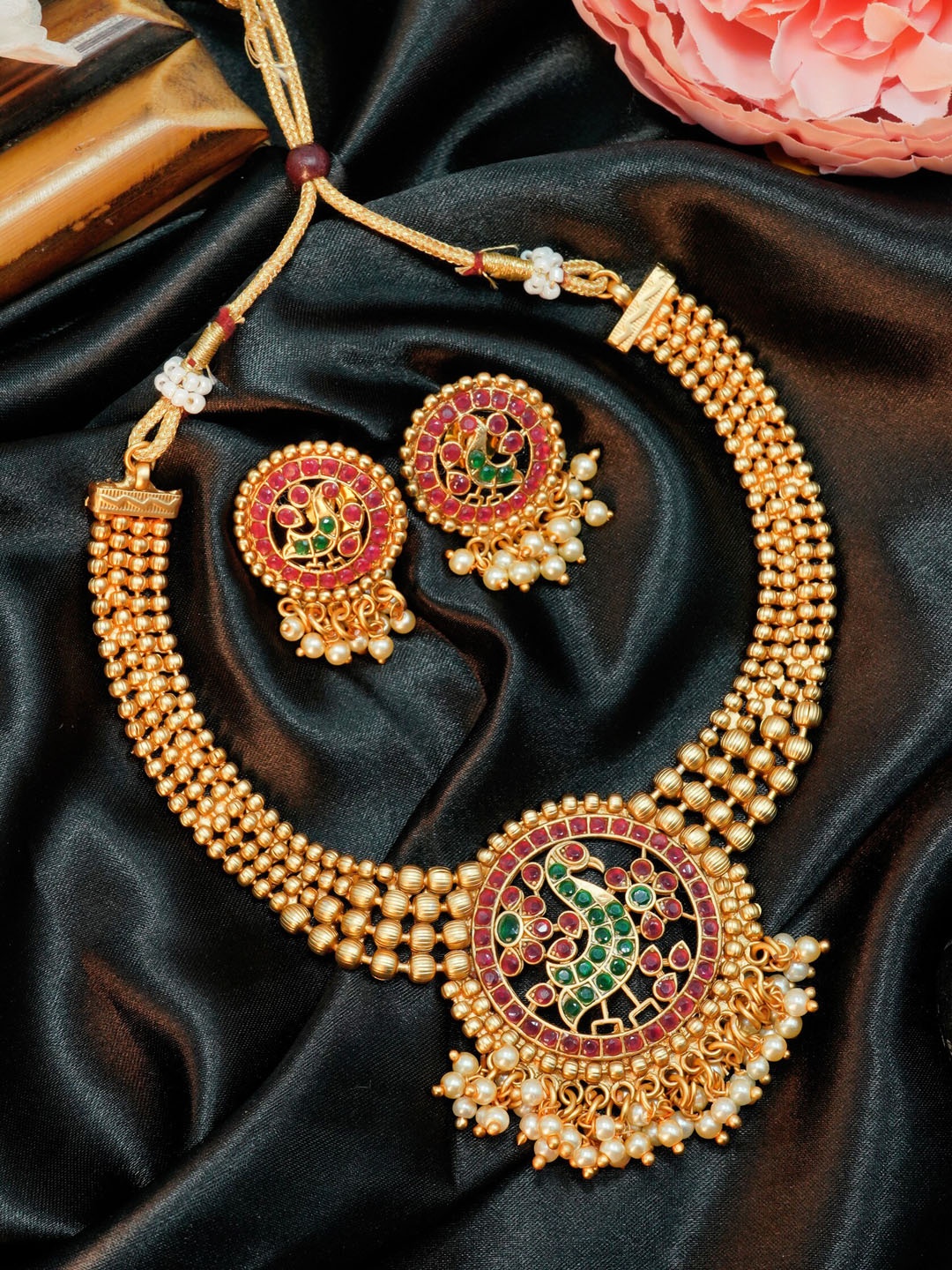 

GRIIHAM Gold-Plated Pink & Green AD-Studded Jewellery Set