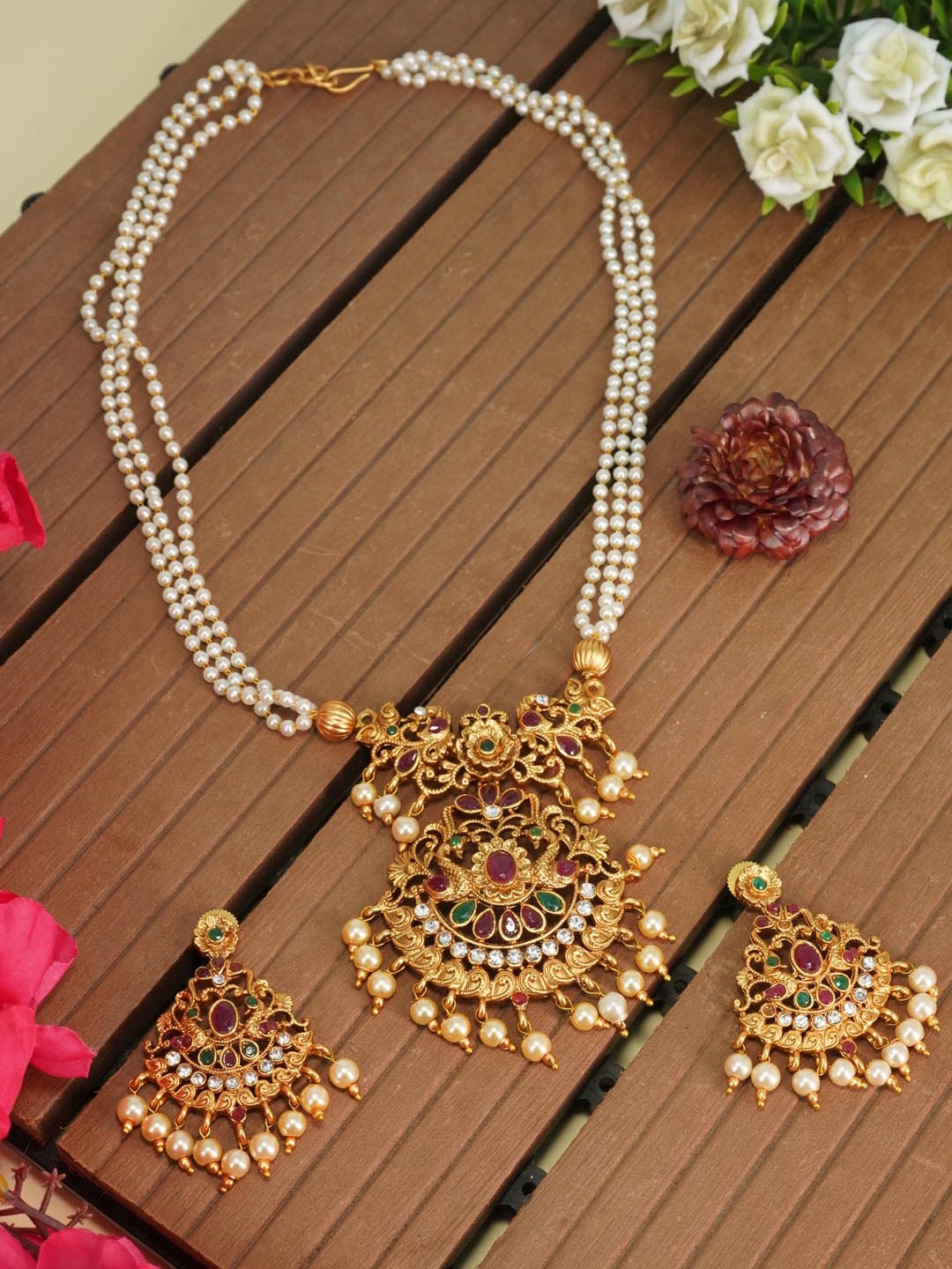 

GRIIHAM Gold-Plated White & Green AD-Studded & Pearl Beaded Jewellery Set