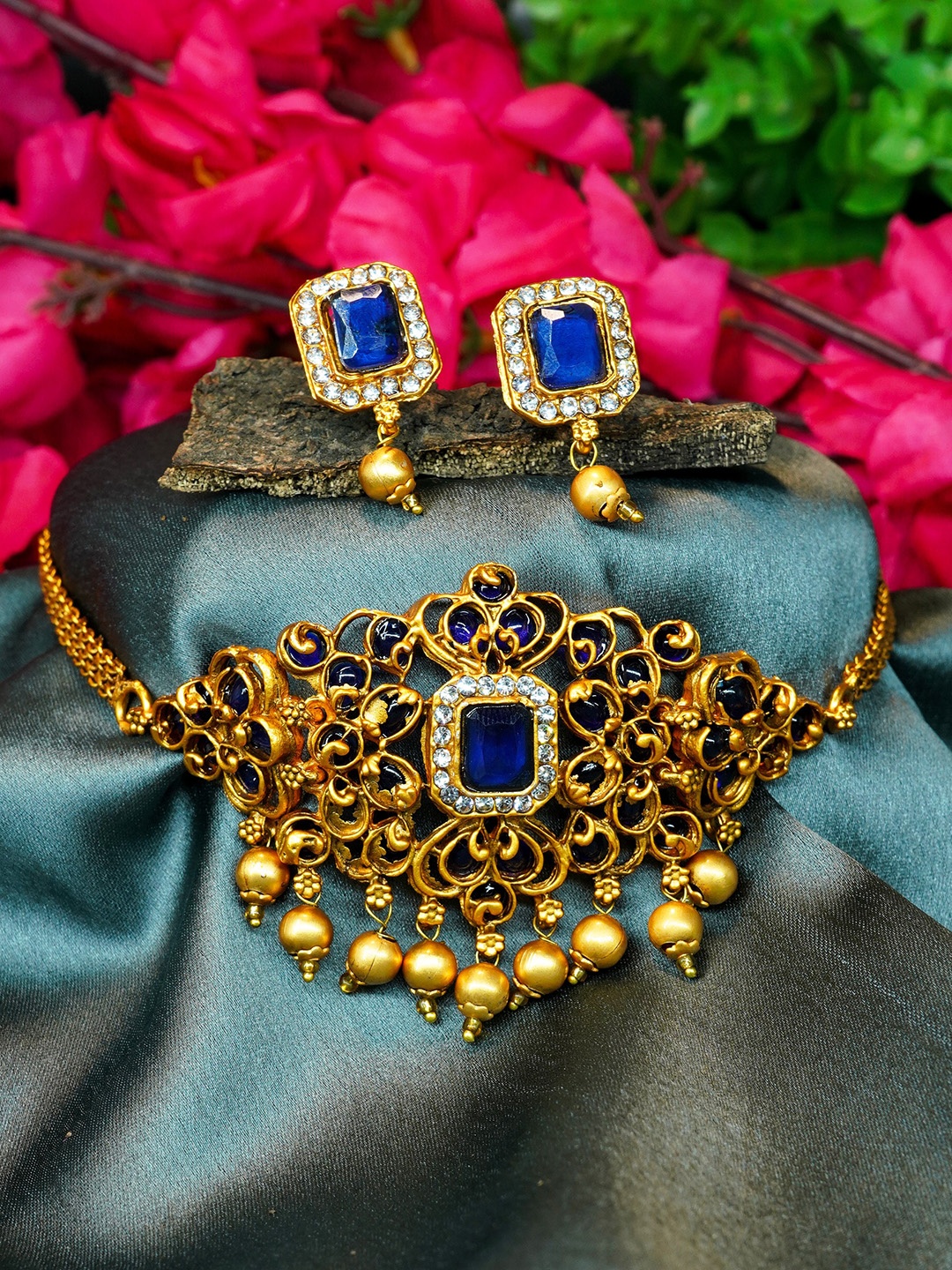 

GRIIHAM Gold-Plated & Blue AD Stone-Studded Choker Necklace Set