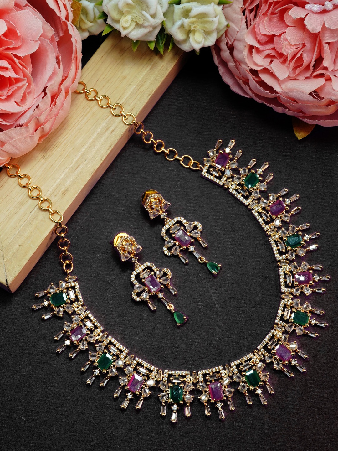 

GRIIHAM Gold-Plated Pink & Green AD-Studded Jewellery Set