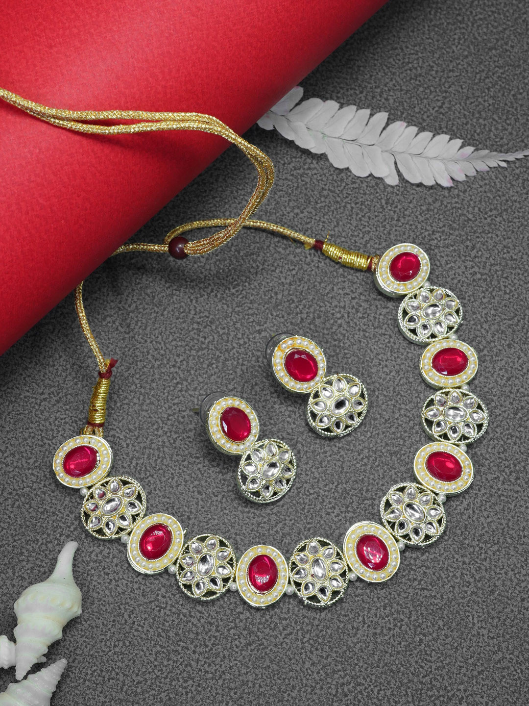 

GRIIHAM Gold-Plated White & Red Kundan Stones-Studded Jewellery Set
