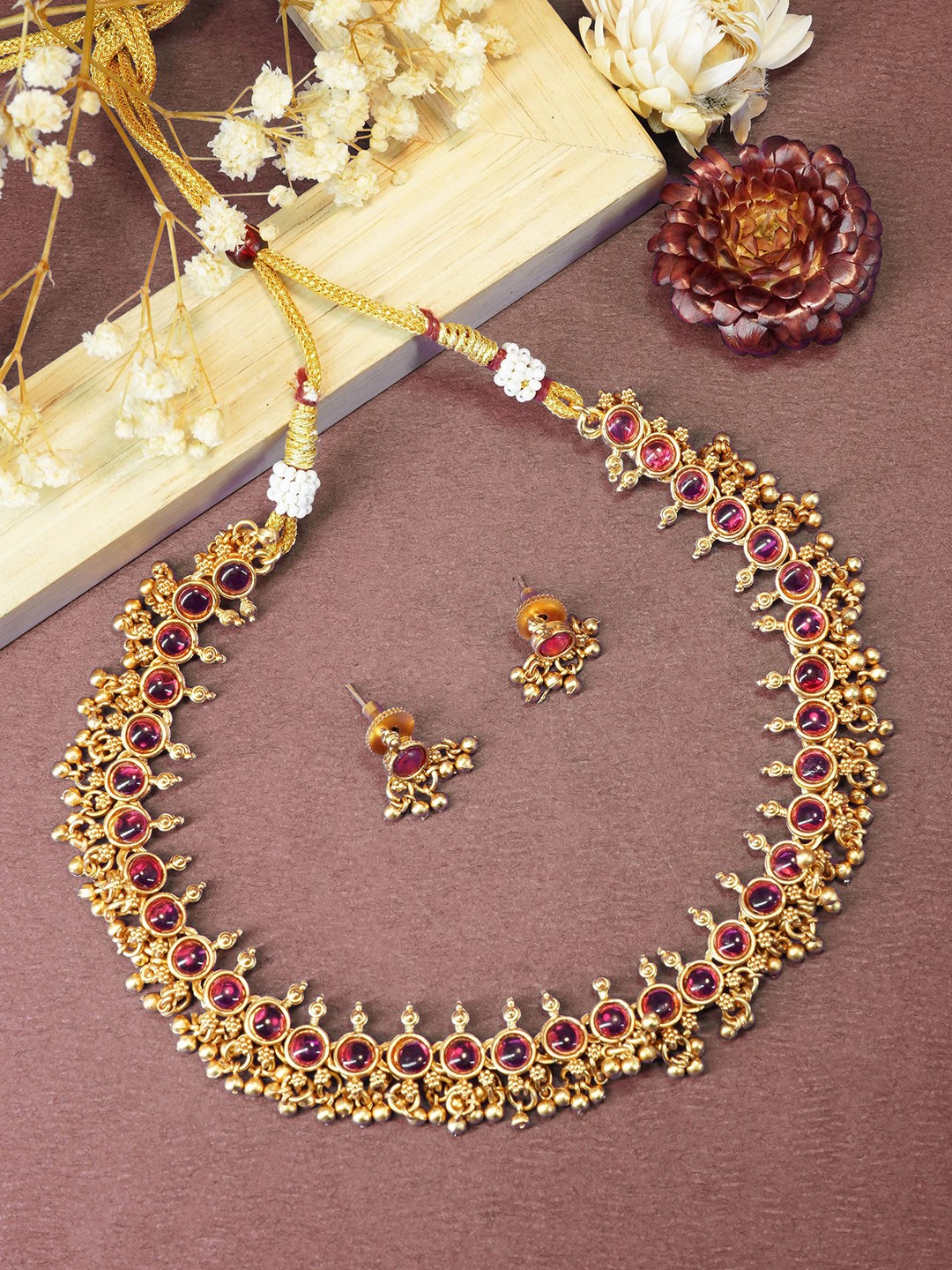 

GRIIHAM Gold-Plated Red AD-Studded Jewellery Set