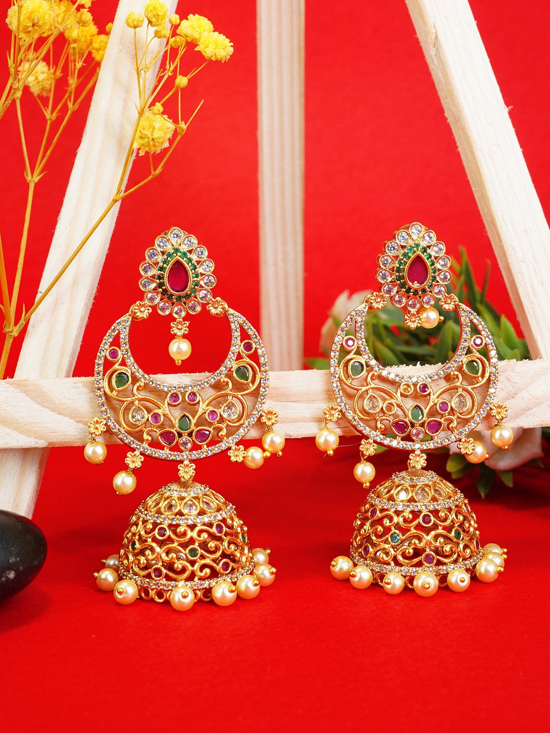 

GRIIHAM Gold-Plated & White AD Studded Classic Chandbalis Earrings