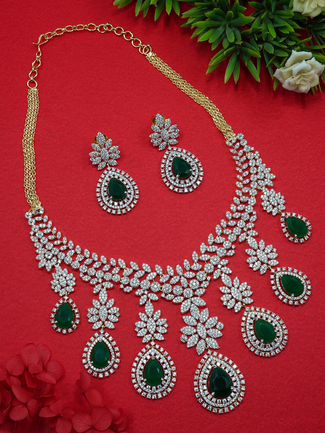 

GRIIHAM Gold-Plated White & Green AD Stone-Studded Jewellery Set