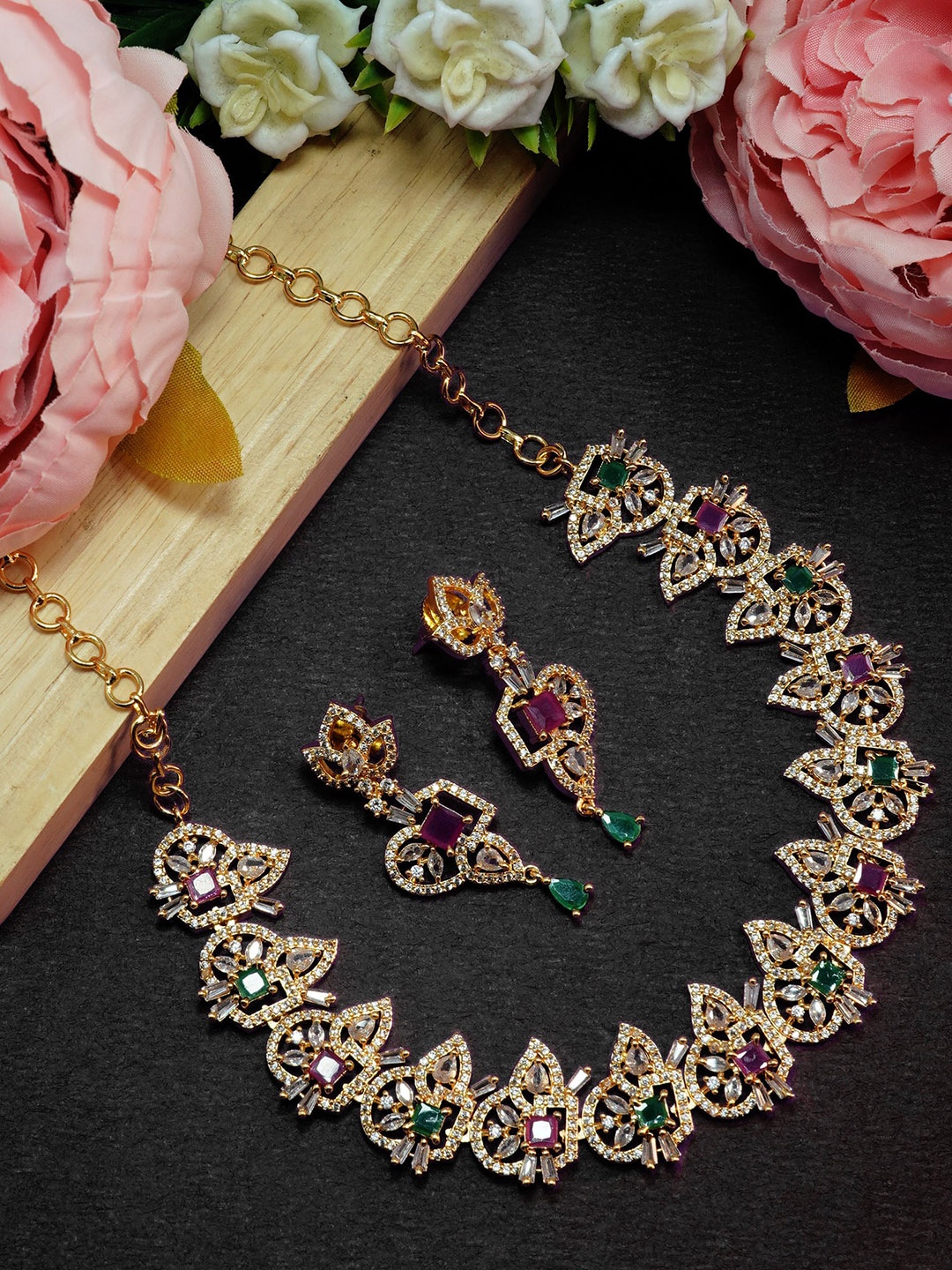 

GRIIHAM Gold-Plated Pink & Green AD-Studded Jewellery Set