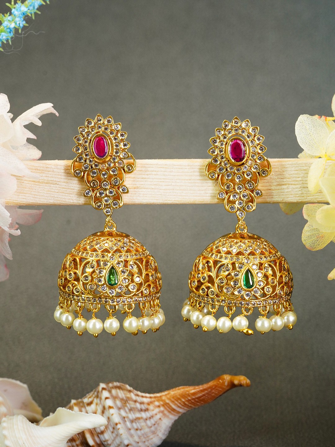 

GRIIHAM Gold-Plated & Red AD Studded Classic Jhumkas Earrings