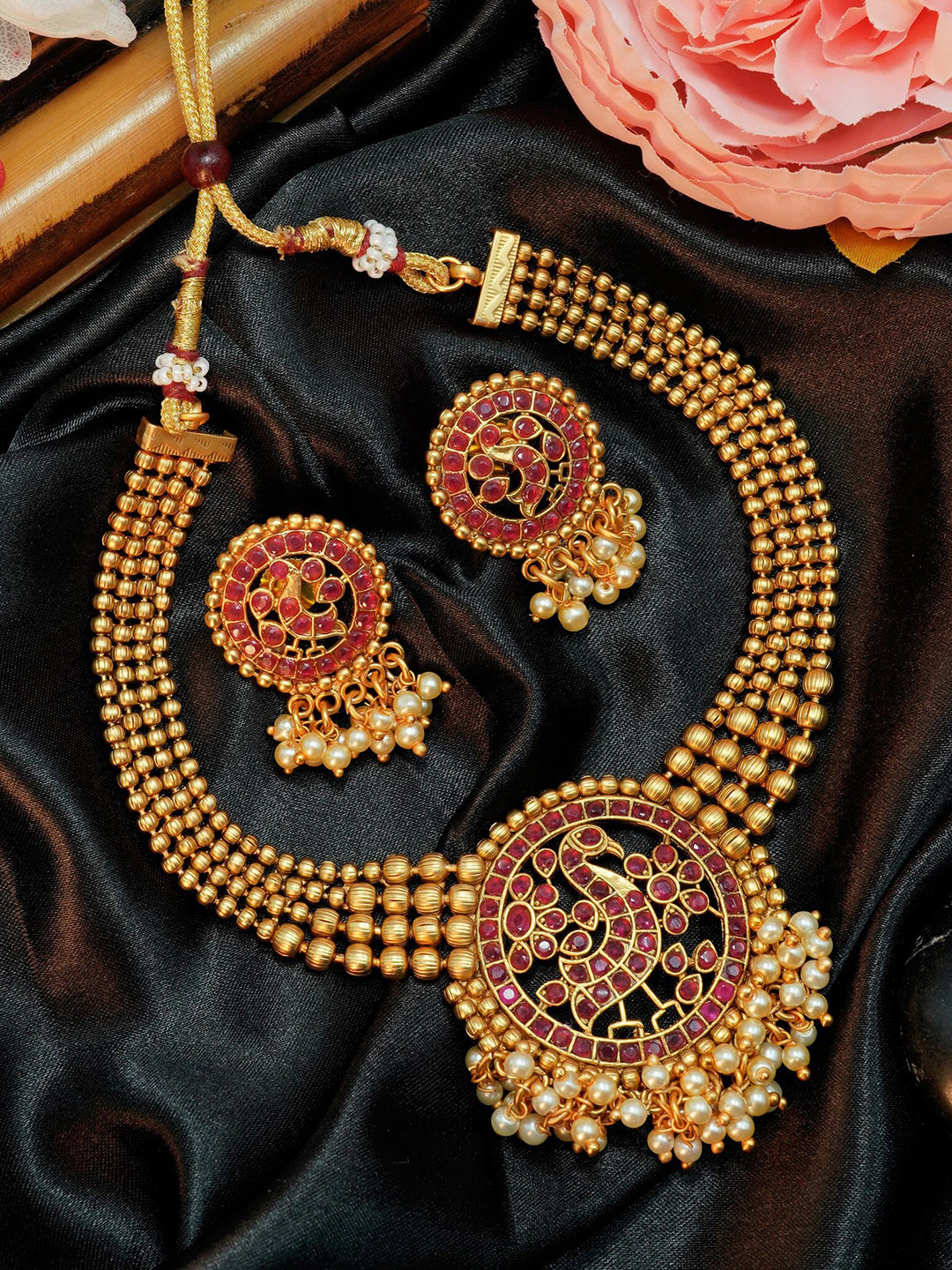 

GRIIHAM Gold-Plated Red AD Stone-Studded & Pearl-Beaded Peacock Motif Jewellery Set