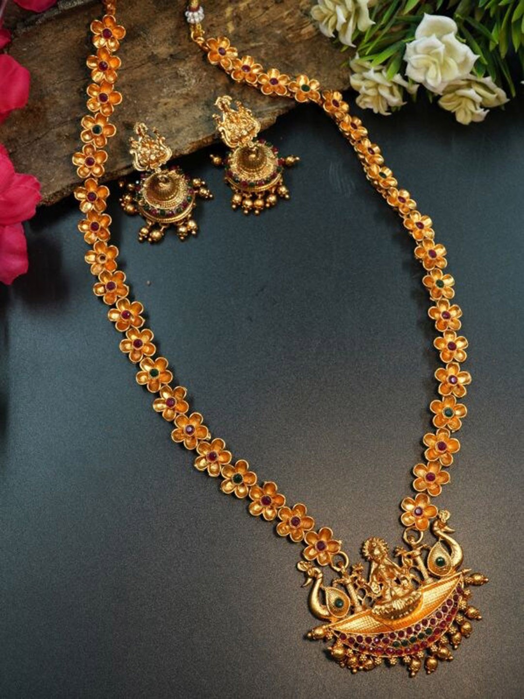 

GRIIHAM Women Gold & Red Stone-Studded Designer Long Jewellery Set