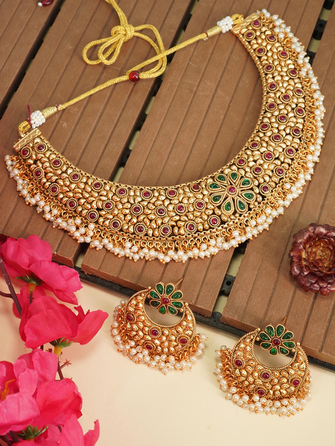 

GRIIHAM Gold & Red Gold Plated AD Stone Studded Jewellery Set