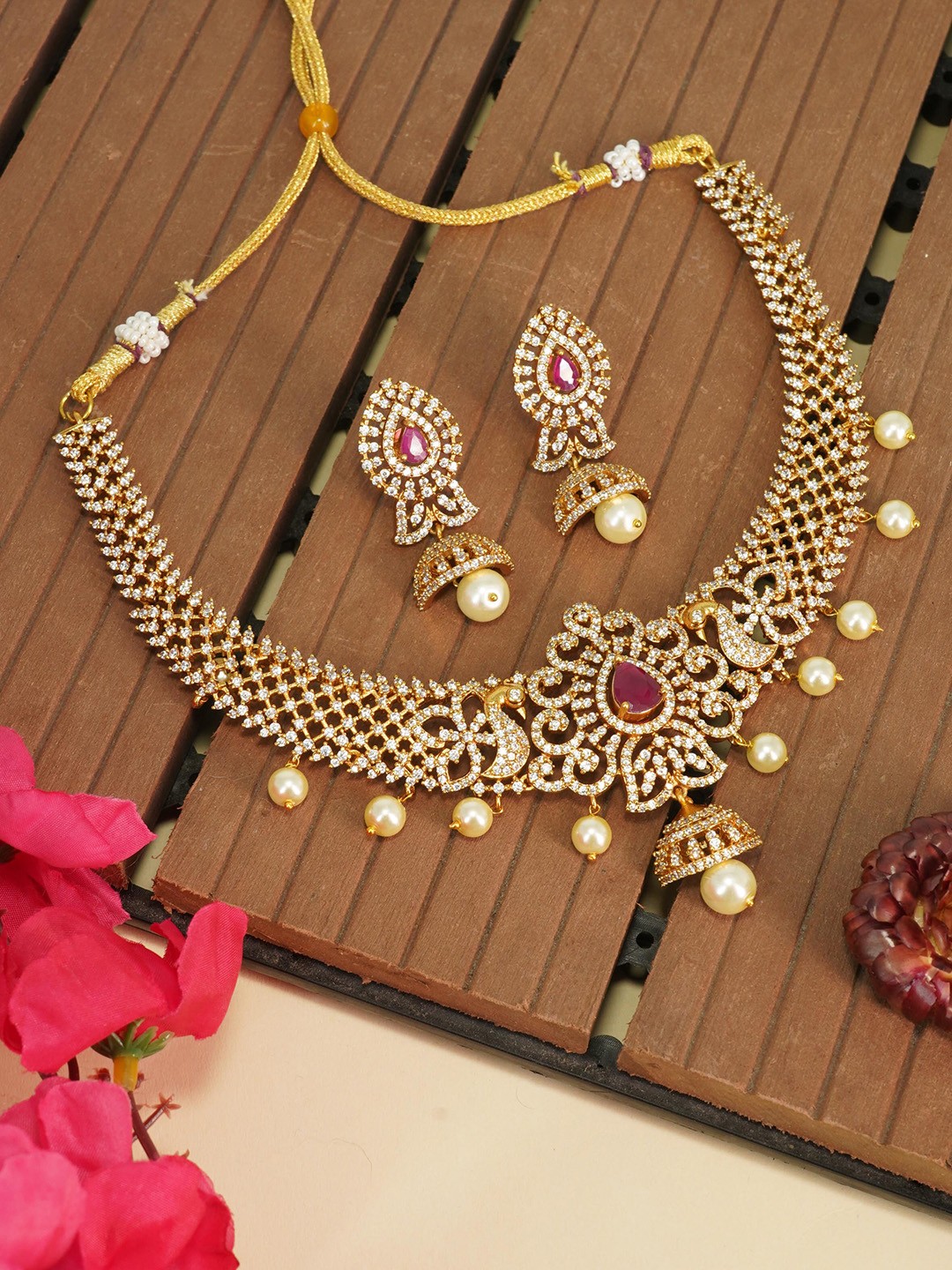 

GRIIHAM Gold-Plated Pink CZ-Studded & Beaded Jewellery Set