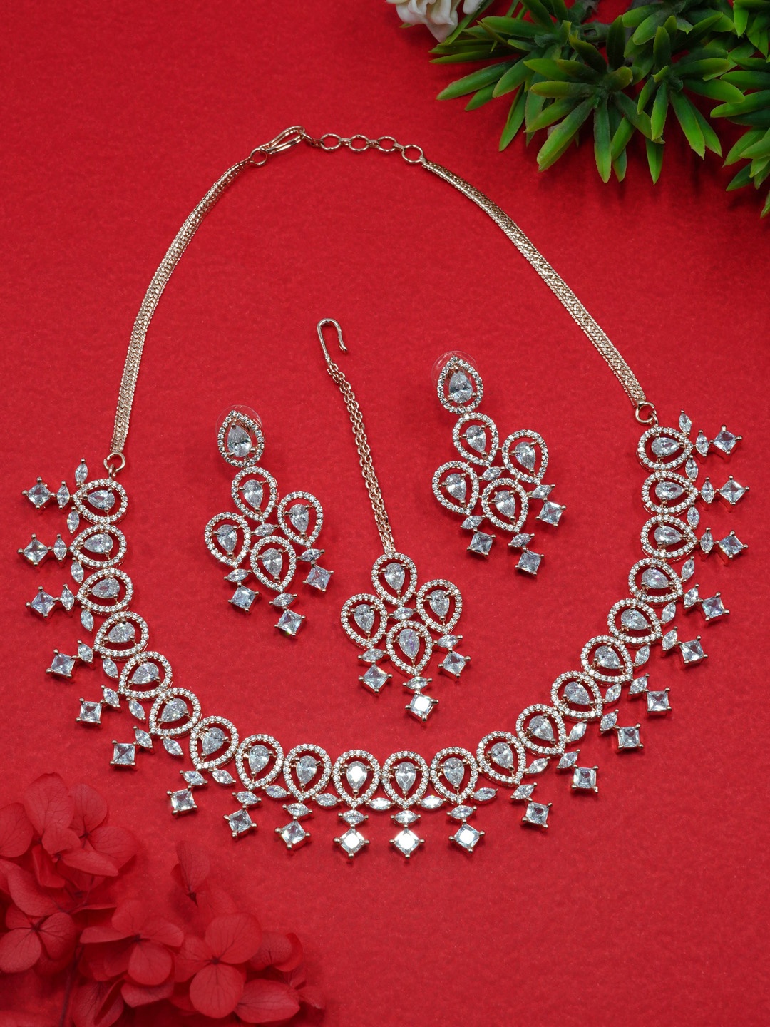 

GRIIHAM Rose Gold-Plated & White CZ-Studded Jewellery Set