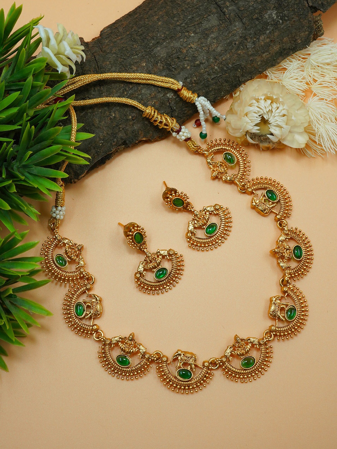 

GRIIHAM Gold & Green Gold Plated AD Stone Studded Jewellery Set